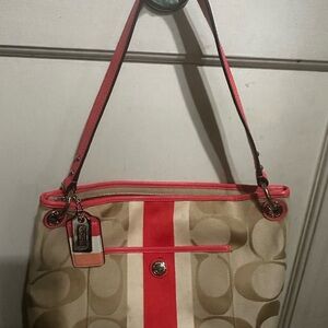 Coach Tan and Red Signature Shoulder Bag